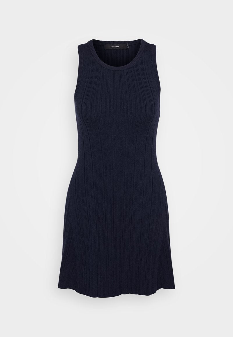 Navyfarbenes ärmelloses Kleid aus geripptem Strickmaterial. Eng anliegendes Oberteil, das sanft am Saum ausgestellt ist, mit einem Rundhalsausschnitt und strukturiertem Muster.