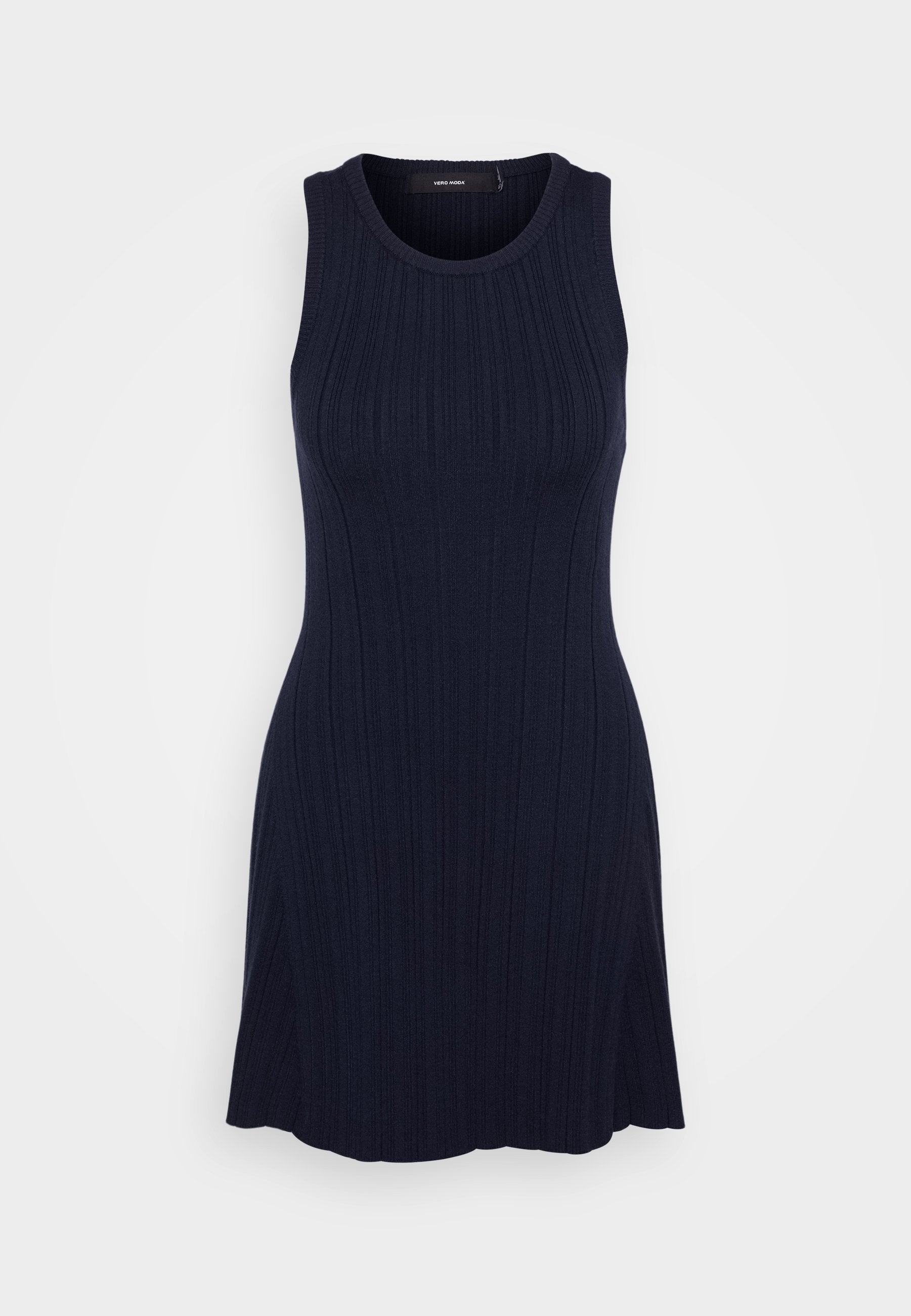 Navyfarbenes ärmelloses Kleid aus geripptem Strickmaterial. Eng anliegendes Oberteil, das sanft am Saum ausgestellt ist, mit einem Rundhalsausschnitt und strukturiertem Muster.
