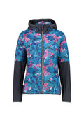 Leichte Kapuzenjacke mit blauem und rosa Blumenmuster am Torso und an den Oberarmen, einfarbigen dunklen Ärmeln und einem Reißverschluss auf der Vorderseite.