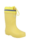 Gelber Kinder-Gummistiefel mit verstellbarem Stoffbund und reflektierendem Streifen, mit Kordelzug und Gummisohle mit Profil.