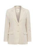Cremefarbener Blazer mit vertikalem Streifenmuster. Besitzt einen Reverskragen, zwei Vorderaschen und einen Ein-Knopf-Verschluss. Glattes Stoffgefühl.
