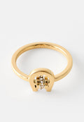 Goldring mit Hufeisenform, der eine mittlere Reihe kleiner klarer Edelsteine auf weißem Hintergrund zeigt.