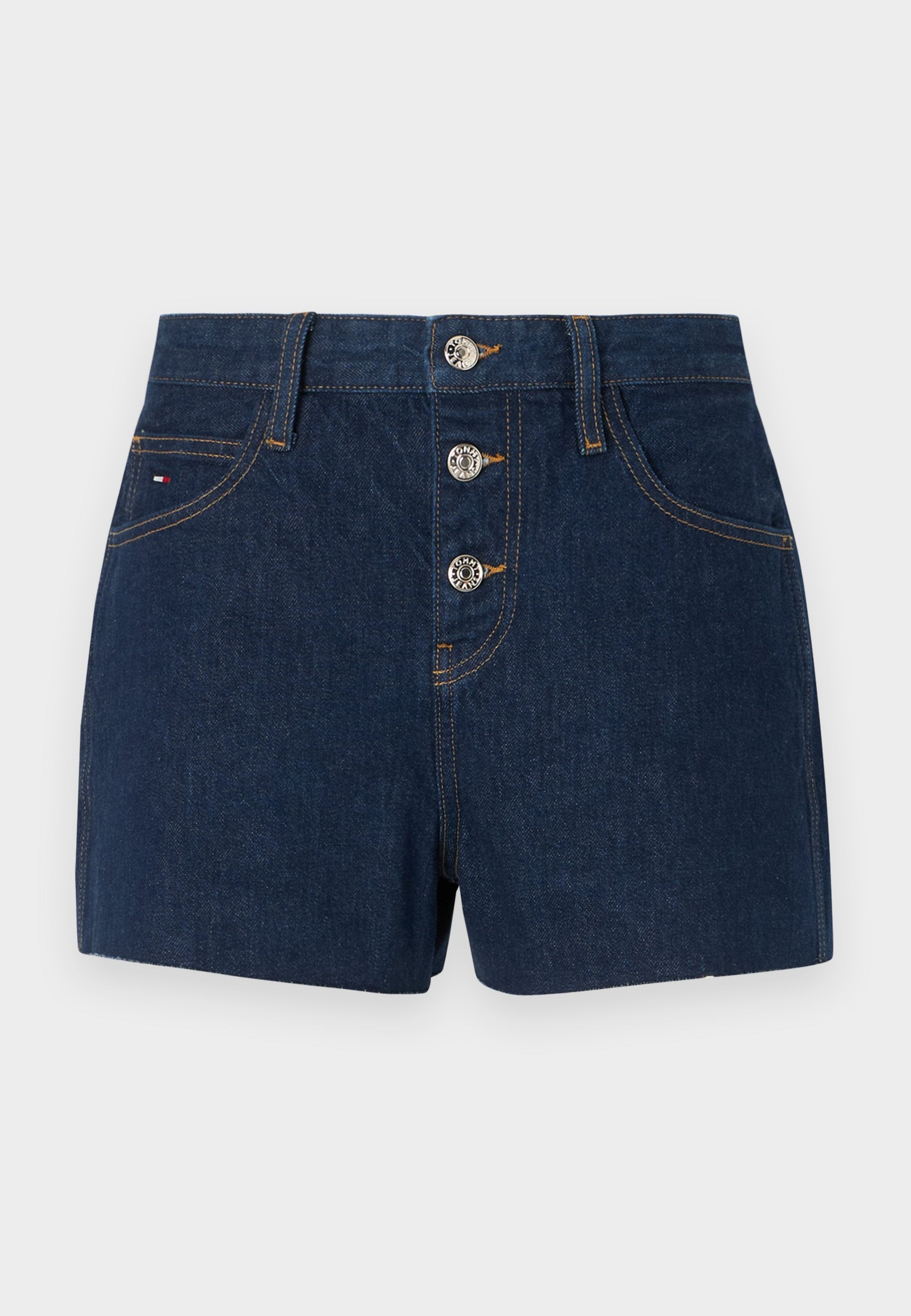 Dunkelblaue Jeansshorts mit hoher Taille, ausgestattet mit drei metallischen Knöpfen, Taschen auf der Vorderseite und kontrastierendem gelben Nähgarn.