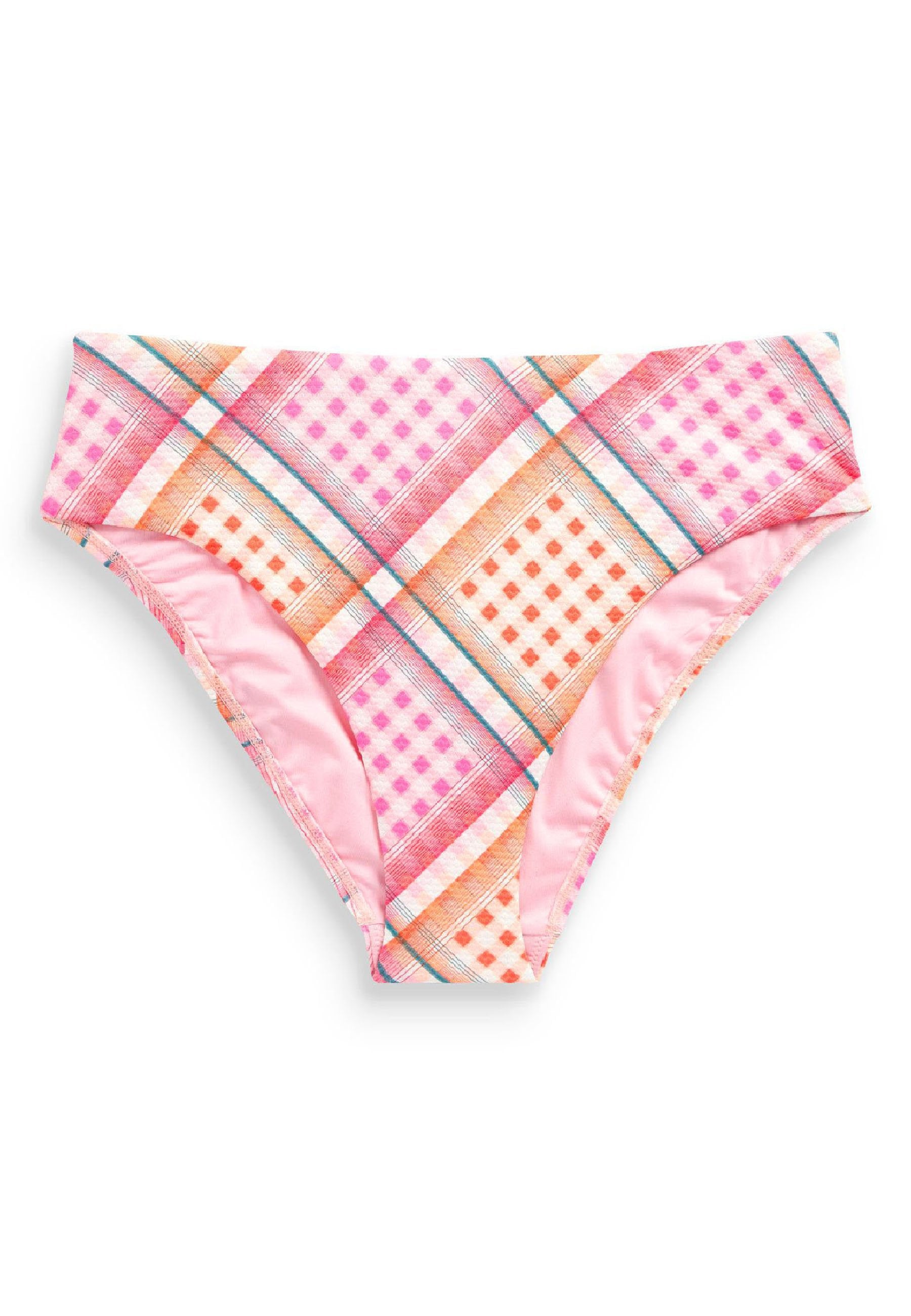 Gemusterter Bikini-Höschen mit einem rosa Grundton, der orangefarbene und lila karierte sowie gepunktete Designs aufweist. Glattes Material mit einem mittelhohen Schnitt.