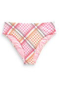 Gemusterter Bikini-Höschen mit einem rosa Grundton, der orangefarbene und lila karierte sowie gepunktete Designs aufweist. Glattes Material mit einem mittelhohen Schnitt.