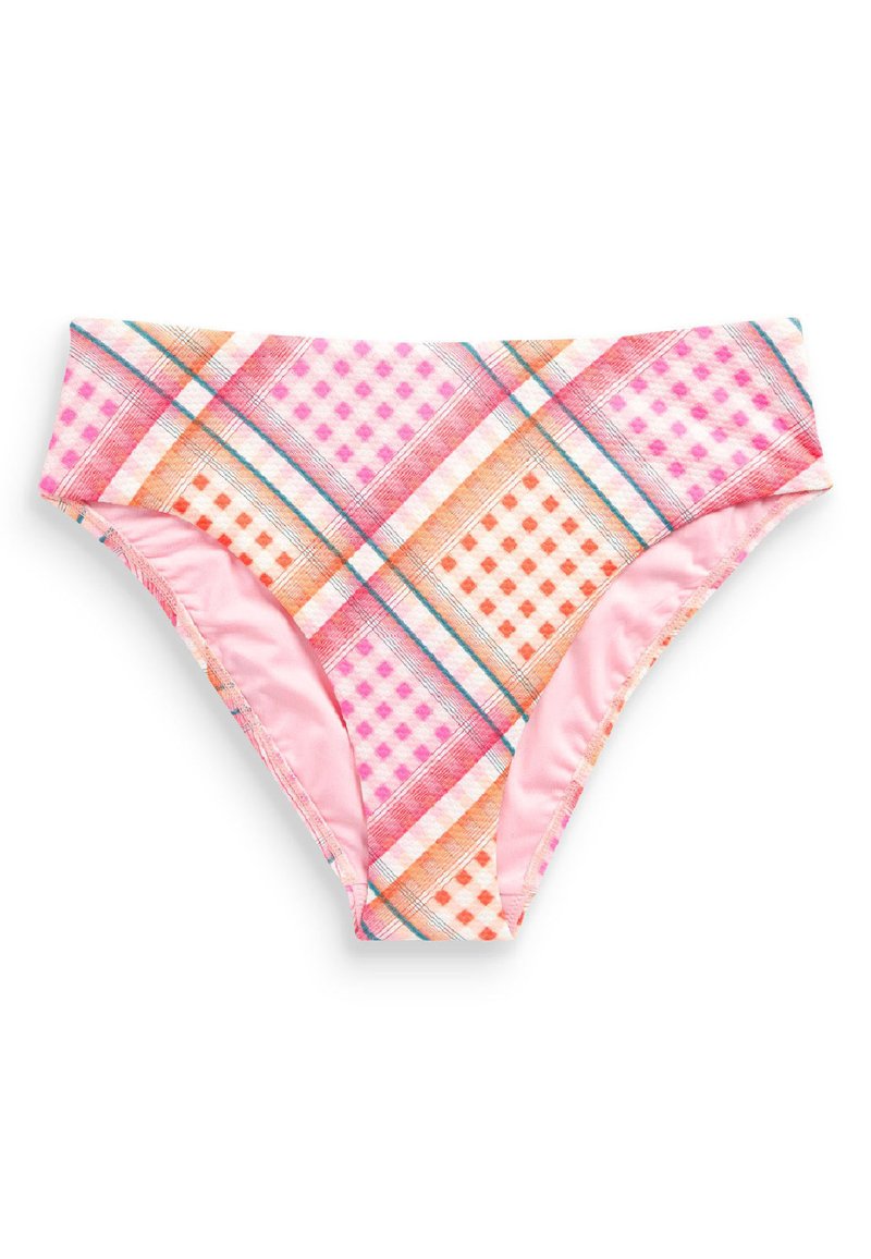 Gemusterter Bikini-Höschen mit einem rosa Grundton, der orangefarbene und lila karierte sowie gepunktete Designs aufweist. Glattes Material mit einem mittelhohen Schnitt.