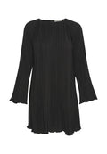 Schwarzes plissiertes Kleid mit langen, ausgestellten Ärmeln und einem runden Ausschnitt. Verfügt über einen strukturierten Stoff und einen geschwungenen Saum. Reißverschlussverschluss auf der Rückseite.