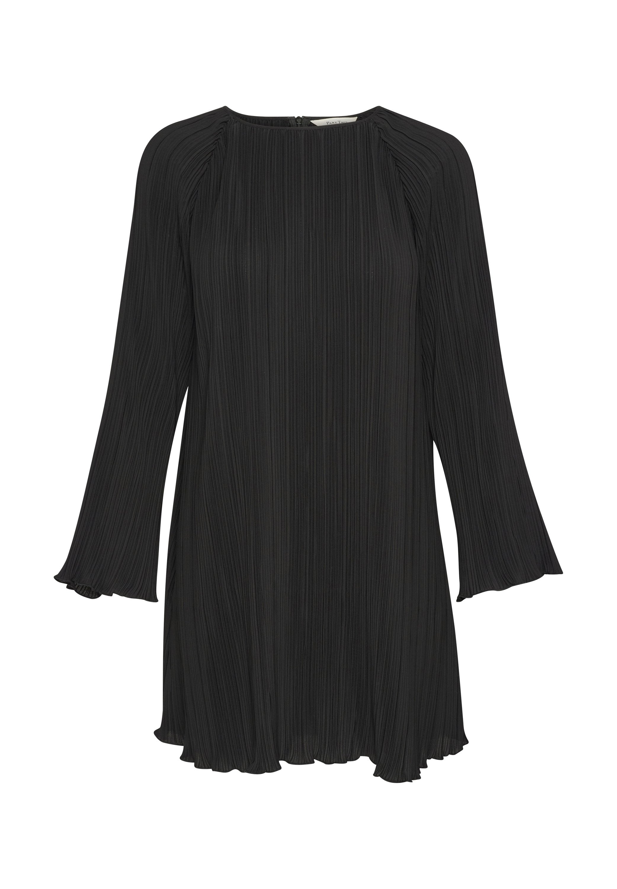 Schwarzes plissiertes Kleid mit langen, ausgestellten Ärmeln und einem runden Ausschnitt. Verfügt über einen strukturierten Stoff und einen geschwungenen Saum. Reißverschlussverschluss auf der Rückseite.