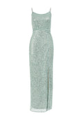 Mintgrünes Paillettenkleid mit figurbetontem Schnitt, Spaghettiträgern und einem Schlitz bis zum Oberschenkel. Glatte Textur mit reflektierenden Akzenten.