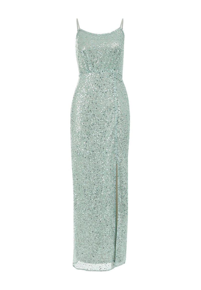Mintgrünes Paillettenkleid mit figurbetontem Schnitt, Spaghettiträgern und einem Schlitz bis zum Oberschenkel. Glatte Textur mit reflektierenden Akzenten.