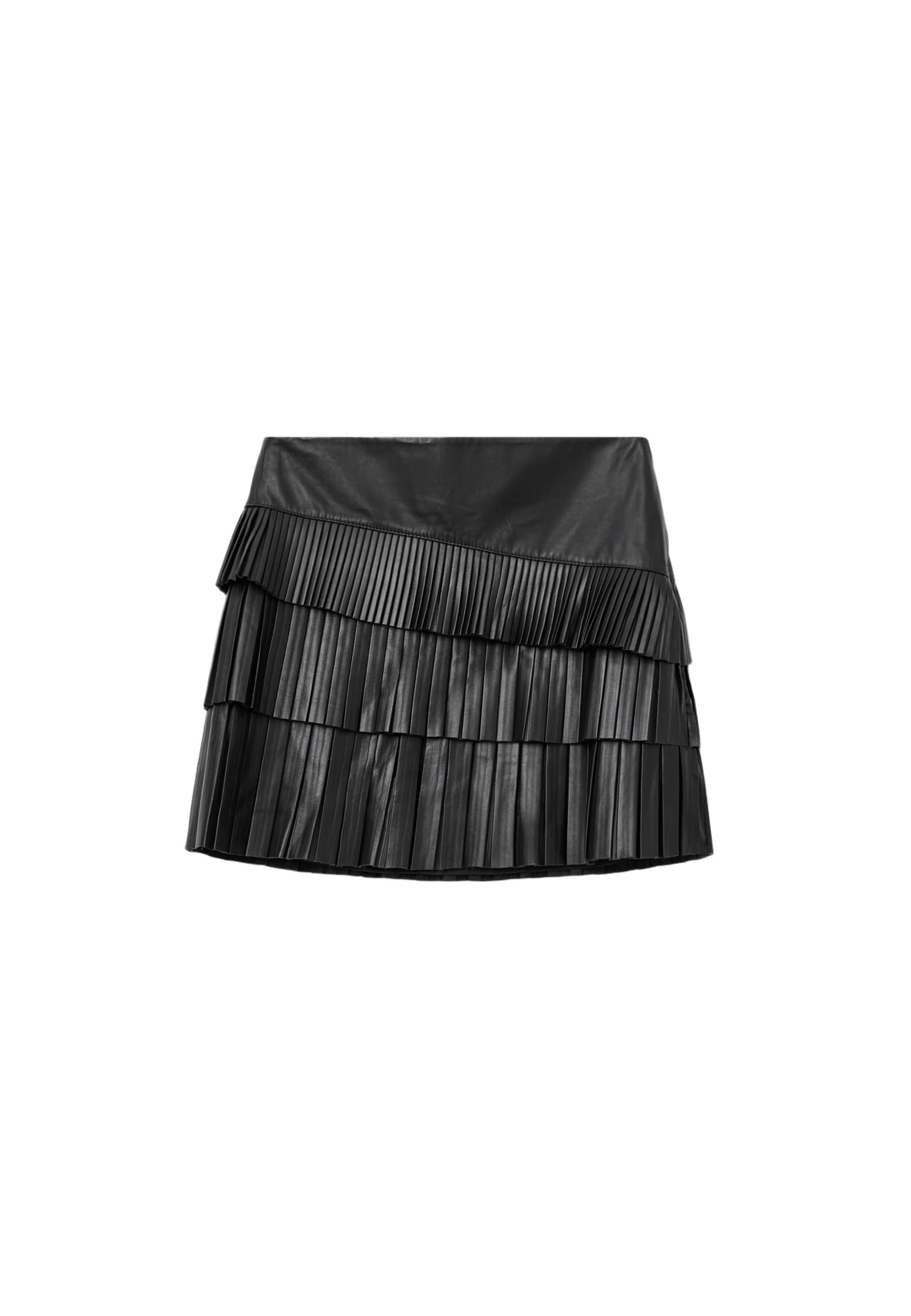 Schwarzer Leder-Minirock mit Falten, der aus gestuften Schichten besteht, einer glatten Textur und einem taillierten Bund, entworfen für eine schmale und strukturierte Silhouette.