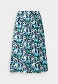 Midikleid mit floralem Muster in Blau- und Grüntönen auf weißem Hintergrund, mit einem elastischen Bund für zusätzlichen Komfort.