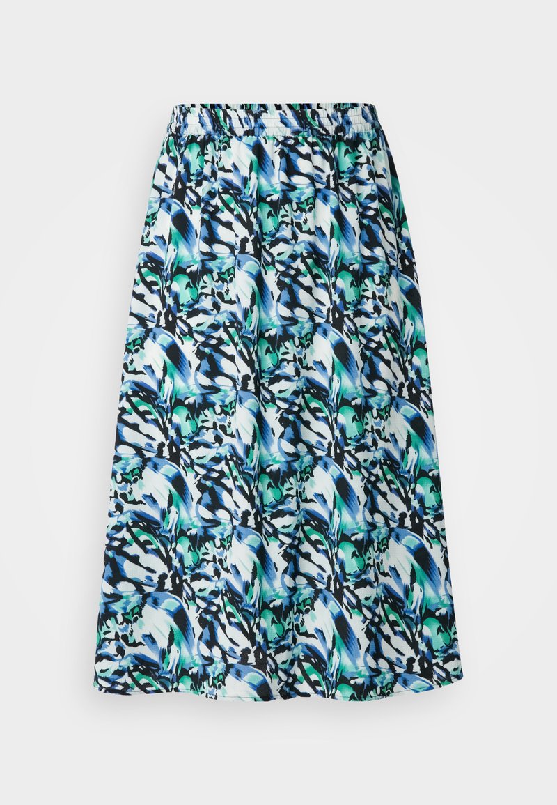 Midikleid mit floralem Muster in Blau- und Grüntönen auf weißem Hintergrund, mit einem elastischen Bund für zusätzlichen Komfort.