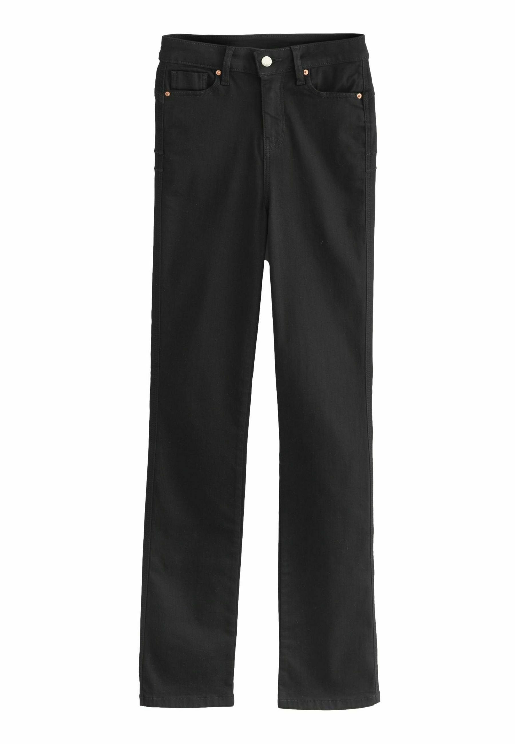 Schwarze Denim-Jeans mit gerader Beinform, vorderen Taschen, Kupfernieten und einem einzigen Knopfverschluss an der Taille.
