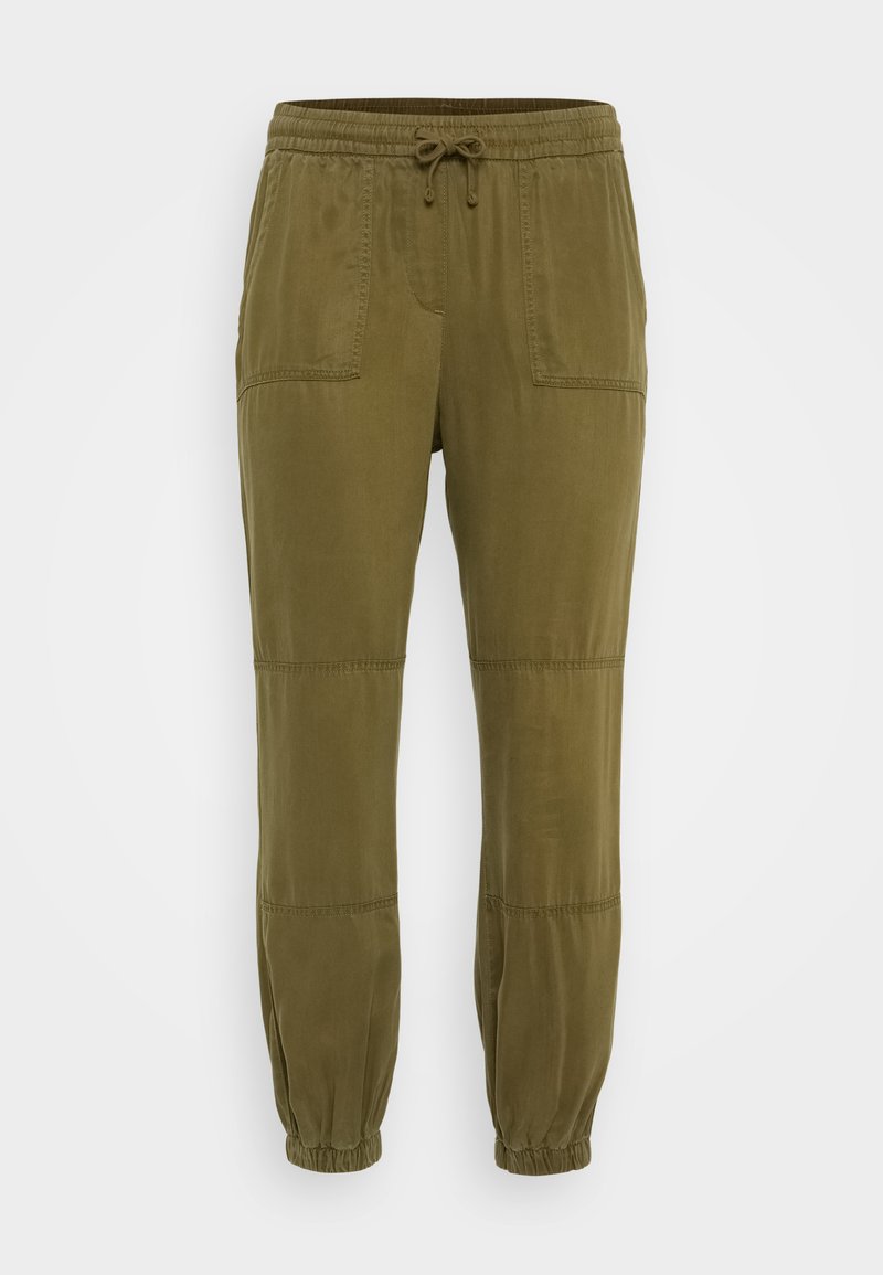 Olivgrüne Jogginghosen aus weichem Stoff, mit einem elastischen Bund mit Kordelzug, zwei Fronttaschen und elastischen Bündchen.