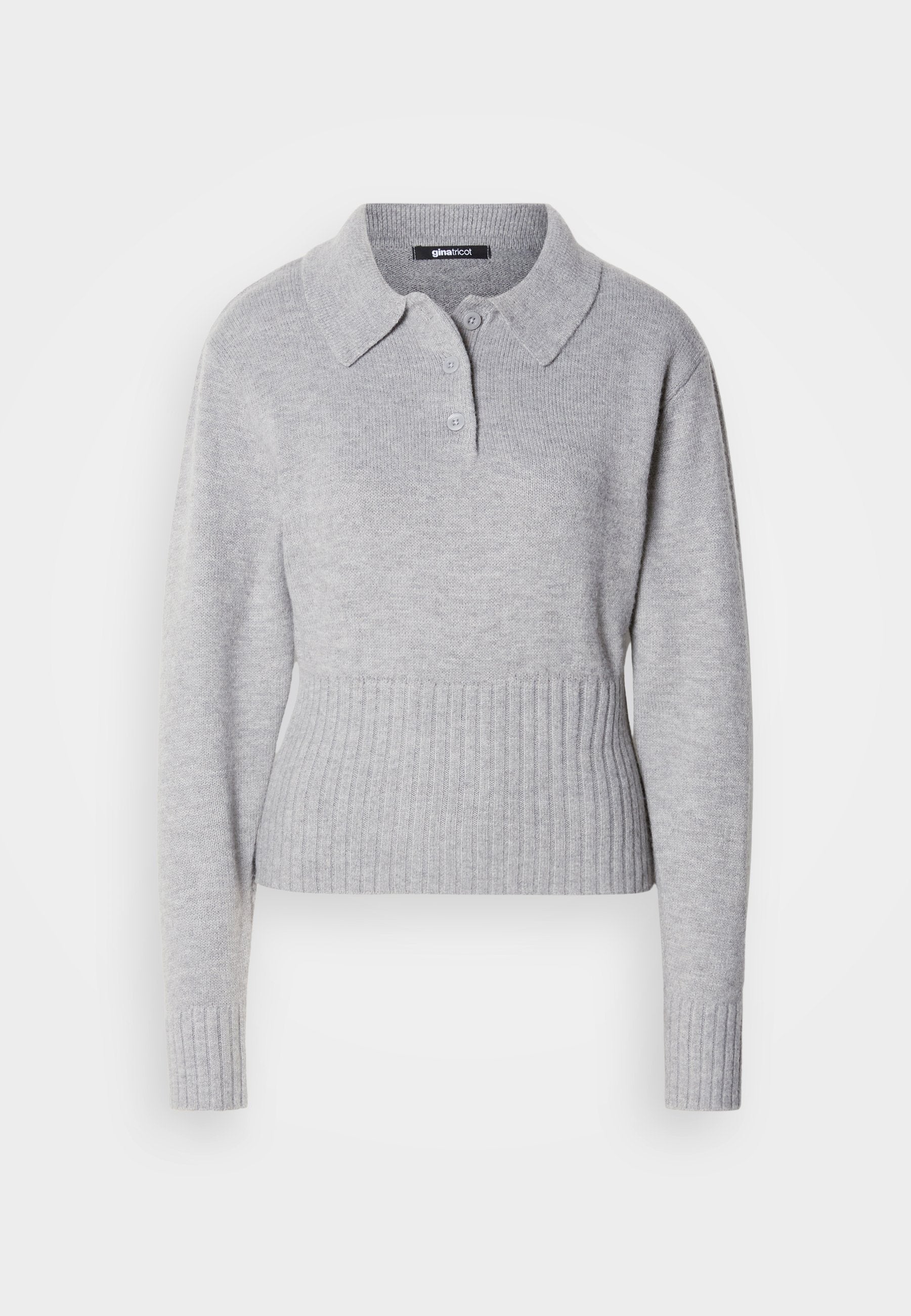 Grauer Strickpullover mit kragenförmigem Halsausschnitt, drei Knöpfen und geripptem Saum. Hat lange Ärmel und eine weiche Textur.