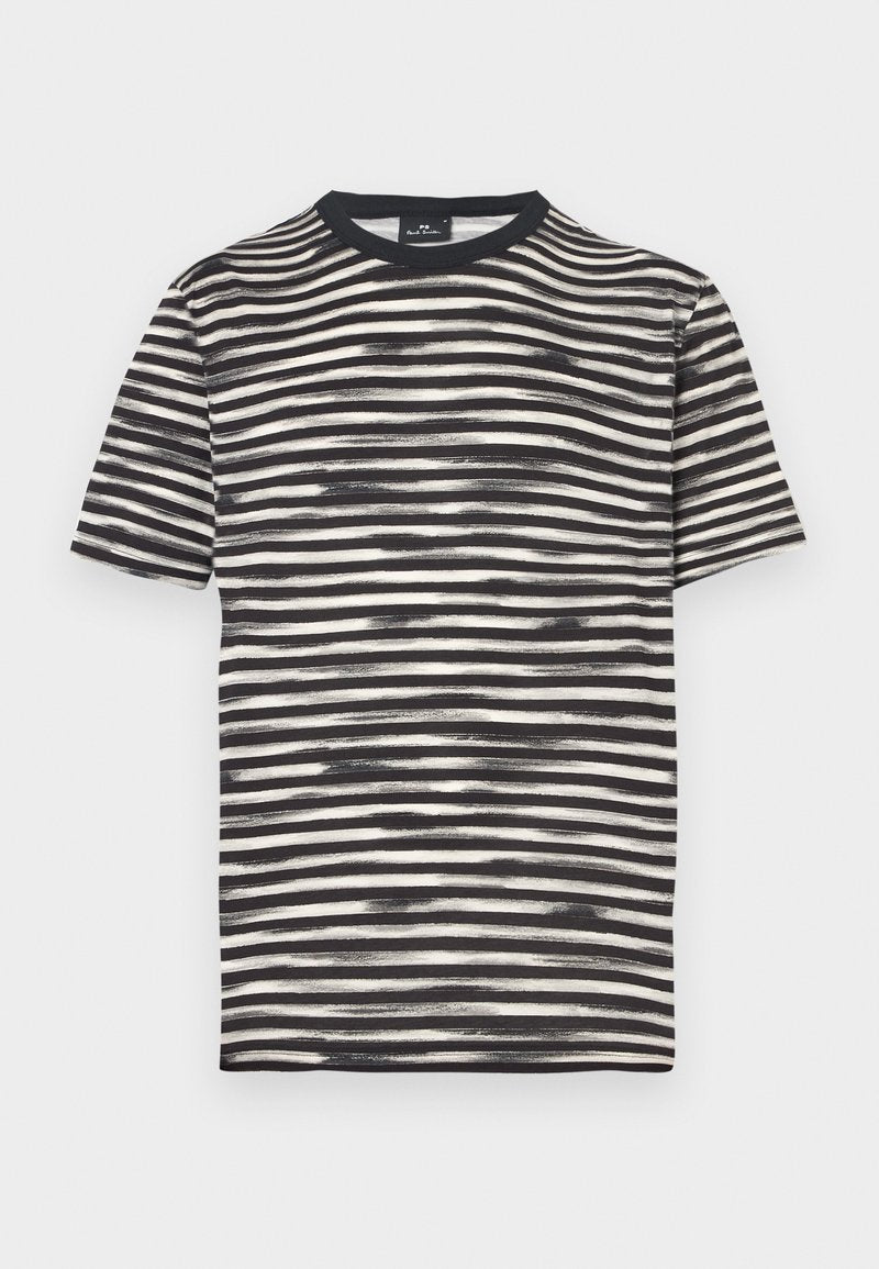 Kurzarm-T-Shirt in Schwarz und Weiß mit horizontalen Streifen, aus Baumwollmaterial, Rundhalsausschnitt und weicher Textur.
