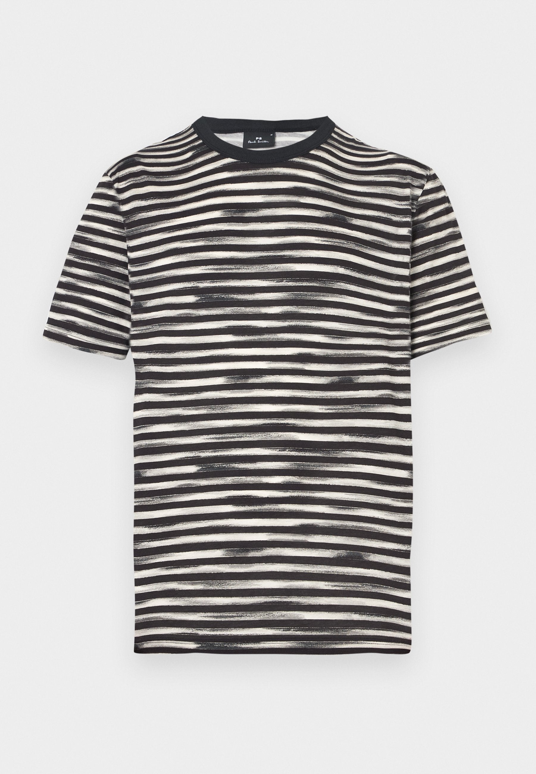 Kurzarm-T-Shirt in Schwarz und Weiß mit horizontalen Streifen, aus Baumwollmaterial, Rundhalsausschnitt und weicher Textur.