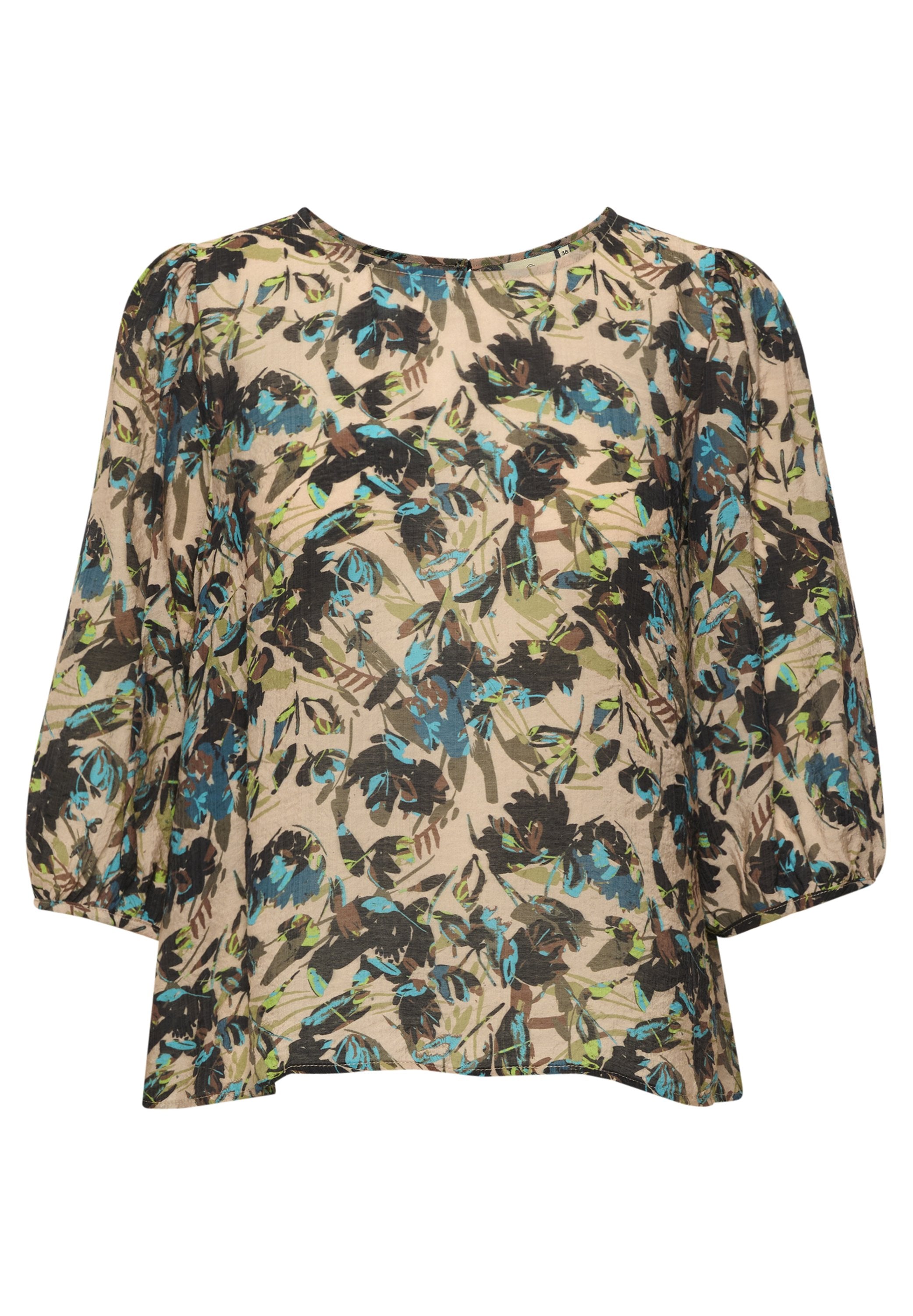 Blumenbluse mit schwarzen, blauen und grünen Pflanzenmustern auf beigem Hintergrund. Sie verfügt über einen runden Ausschnitt und lockere, gepuffte Dreiviertelärmel.