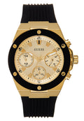 Goldfarbener Chronograph mit schwarz-gummiertem Armband, goldfarbenem Zifferblatt, drei Unterzifferblättern und auffälligen Stundenmarkierungen. Verfügt über eine schwarze Lünette mit goldfarbenen Akzenten.