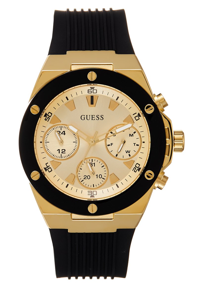 Goldfarbener Chronograph mit schwarz-gummiertem Armband, goldfarbenem Zifferblatt, drei Unterzifferblättern und auffälligen Stundenmarkierungen. Verfügt über eine schwarze Lünette mit goldfarbenen Akzenten.