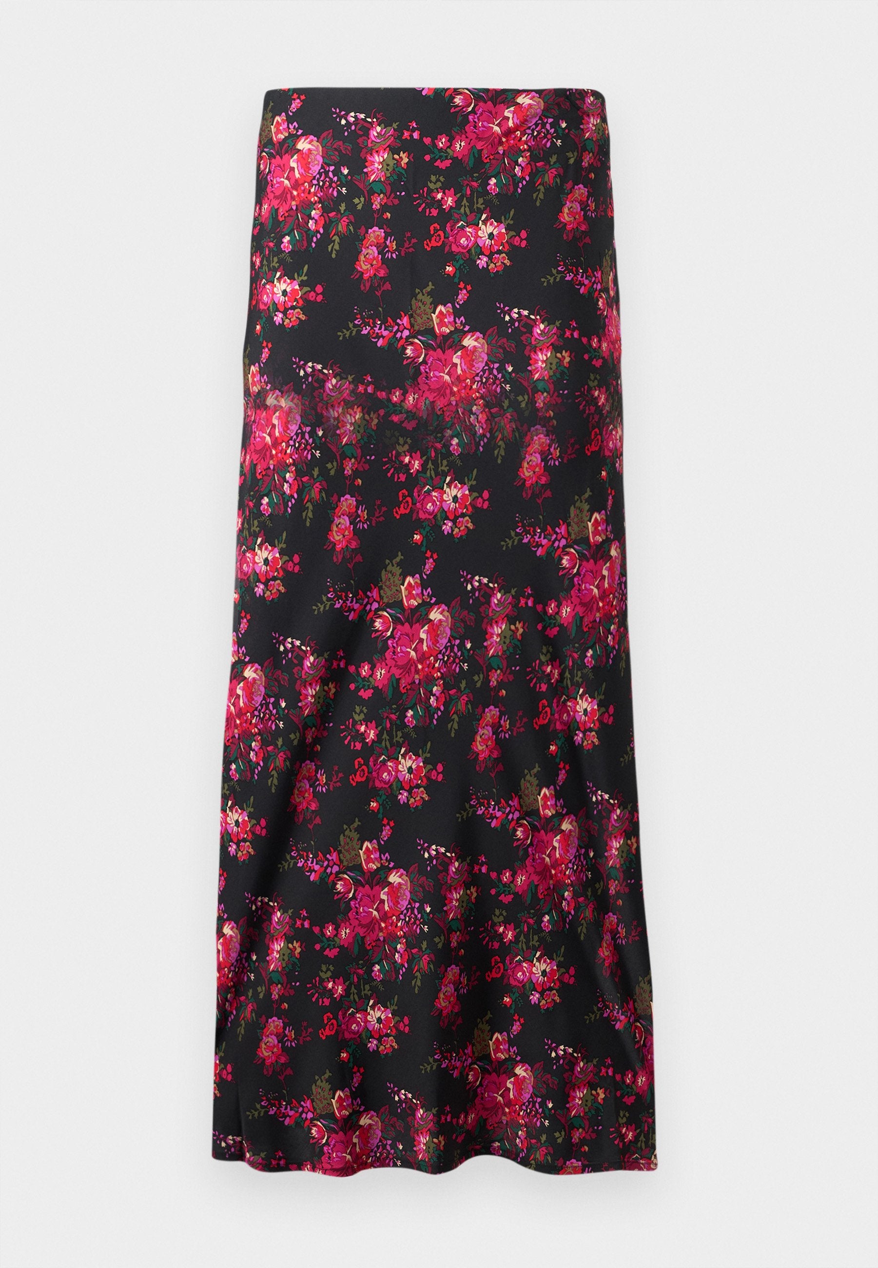 Blumen-Midi-Rock in Schwarz mit einem lebhaften Muster aus rosa und roten Blumen. Glattes Material, A-Linien-Form, mit einem breiten Saum.