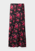 Blumen-Midi-Rock in Schwarz mit einem lebhaften Muster aus rosa und roten Blumen. Glattes Material, A-Linien-Form, mit einem breiten Saum.