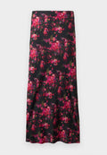 Blumen-Midi-Rock in Schwarz mit einem lebhaften Muster aus rosa und roten Blumen. Glattes Material, A-Linien-Form, mit einem breiten Saum.