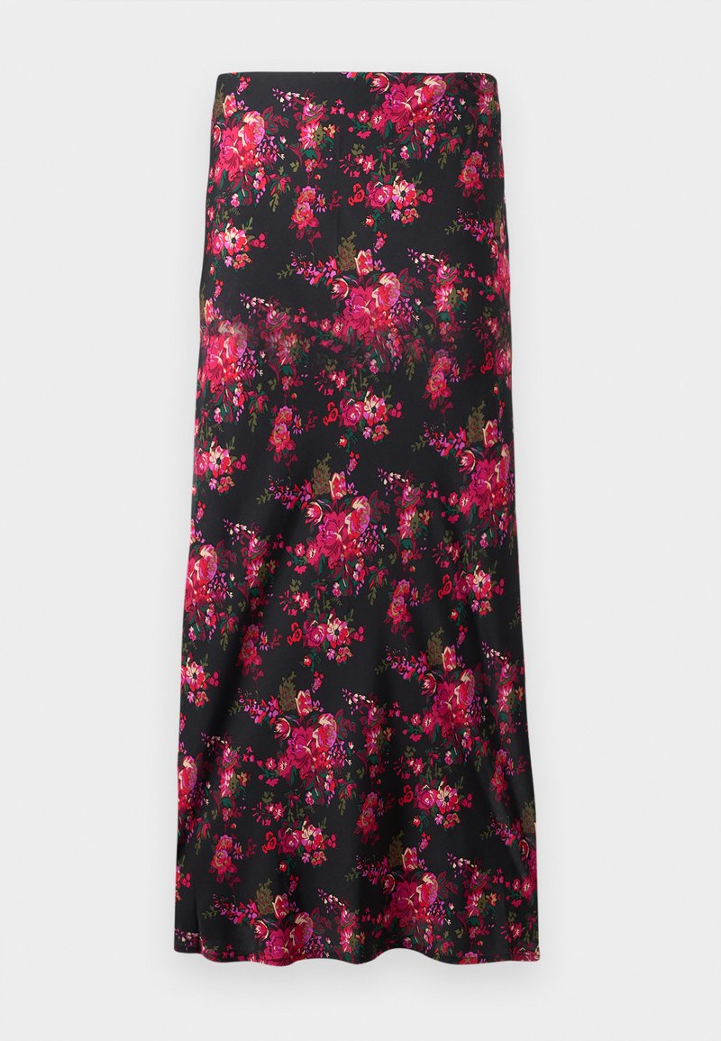 Blumen-Midi-Rock in Schwarz mit einem lebhaften Muster aus rosa und roten Blumen. Glattes Material, A-Linien-Form, mit einem breiten Saum.