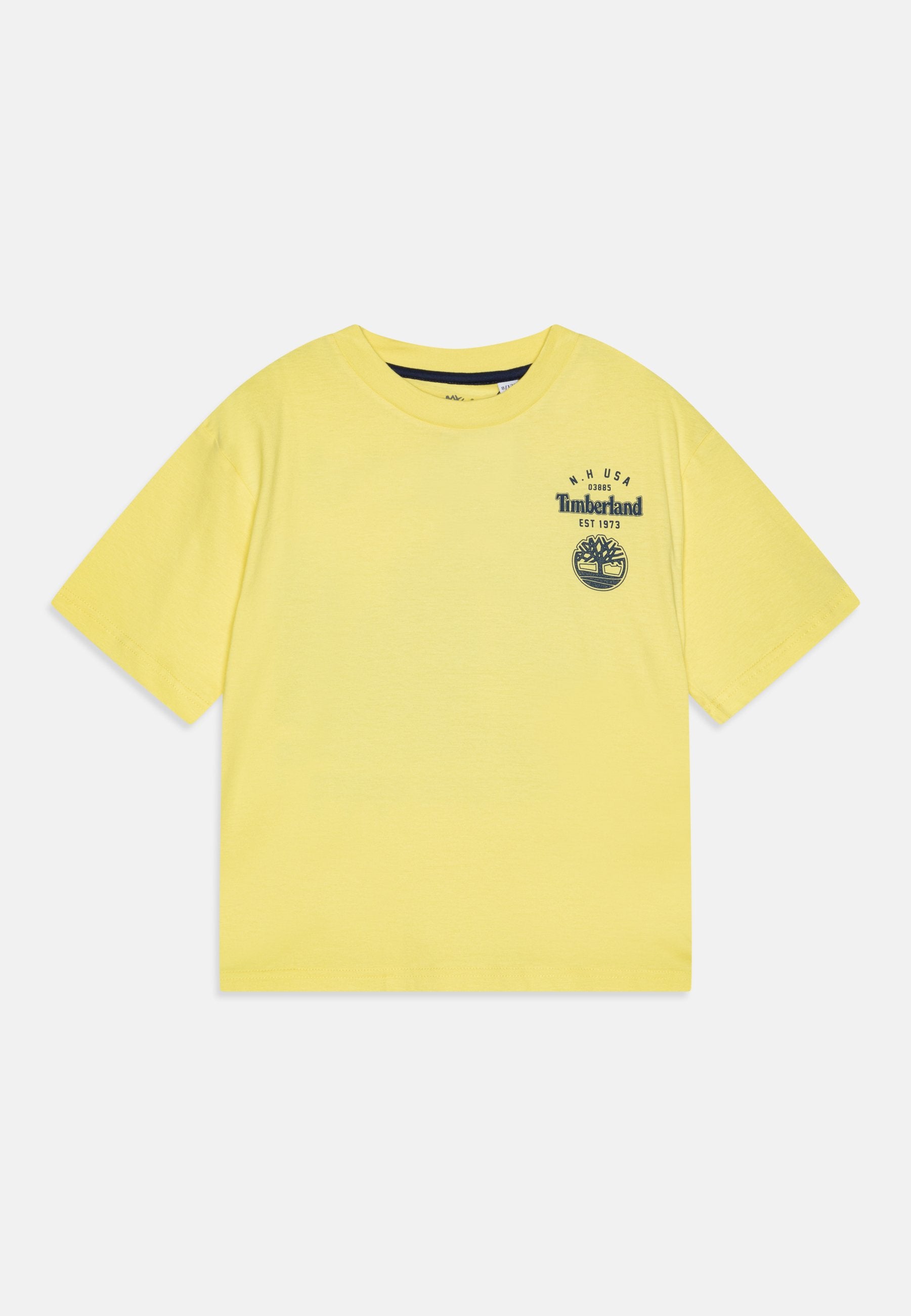 Gelbes Baumwoll-T-Shirt, kurze Ärmel, runder Halsausschnitt, mit Timberland-Logo und Grafik auf der linken Brust. Weicher Stoff, lässige Passform.