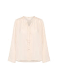Helle rosa Bluse mit langen Ärmeln, Knopfleiste, Schlitzdekolleté und weichem, strukturiertem Stoff. Verfügt über sanfte Raffung an den Schultern.