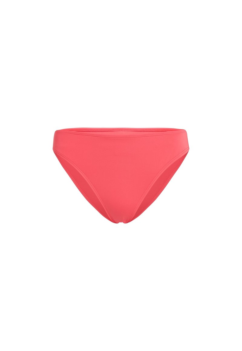 Rosa Bikini-Höschen mit glatter Textur, das ein niedriges Design und moderate Abdeckung bietet. Keine sichtbaren Muster oder Hardware.