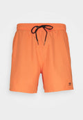 Orange Badehosen mit elastischem Bund, schwarzem Kordelzug und Logo-Print. Hergestellt aus leichtem Material. Einfaches Design, ohne Muster.