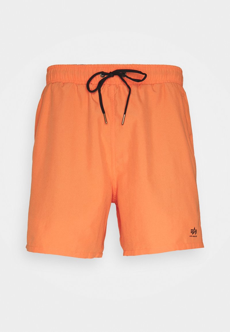 Orange Badehosen mit elastischem Bund, schwarzem Kordelzug und Logo-Print. Hergestellt aus leichtem Material. Einfaches Design, ohne Muster.