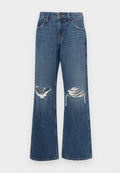 Helle Denim-Jeans mit weit ausgestelltem Bein in einem mittleren Blau, mit zerstörten Knieflicken, rohen Saumkanten und einem klassischen Fünf-Taschen-Design mit metallischem Knopfverschluss.