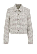 Gekürzte Tweedjacke in Creme mit strukturiertem Muster und kastanienbraunen Sprenkeln. Verfügt über einen Kragen und sechs Knöpfe entlang der Vorderseite.