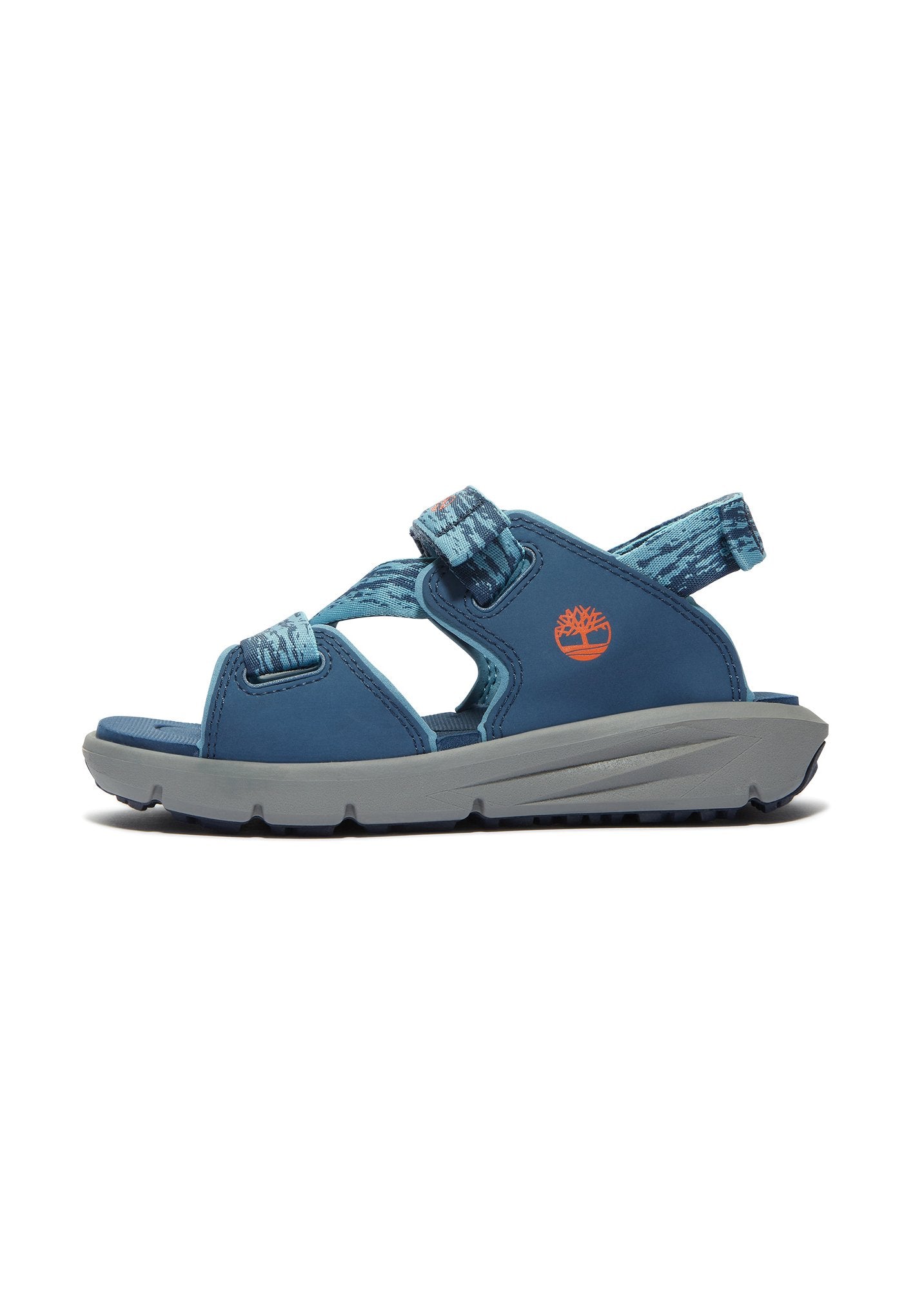 Blaue Sandalen mit Kreuzriemen und verstellbaren Verschlüssen, aus synthetischem Material. Graue Sohle mit Traktionsmuster. Mit Logoakzent.