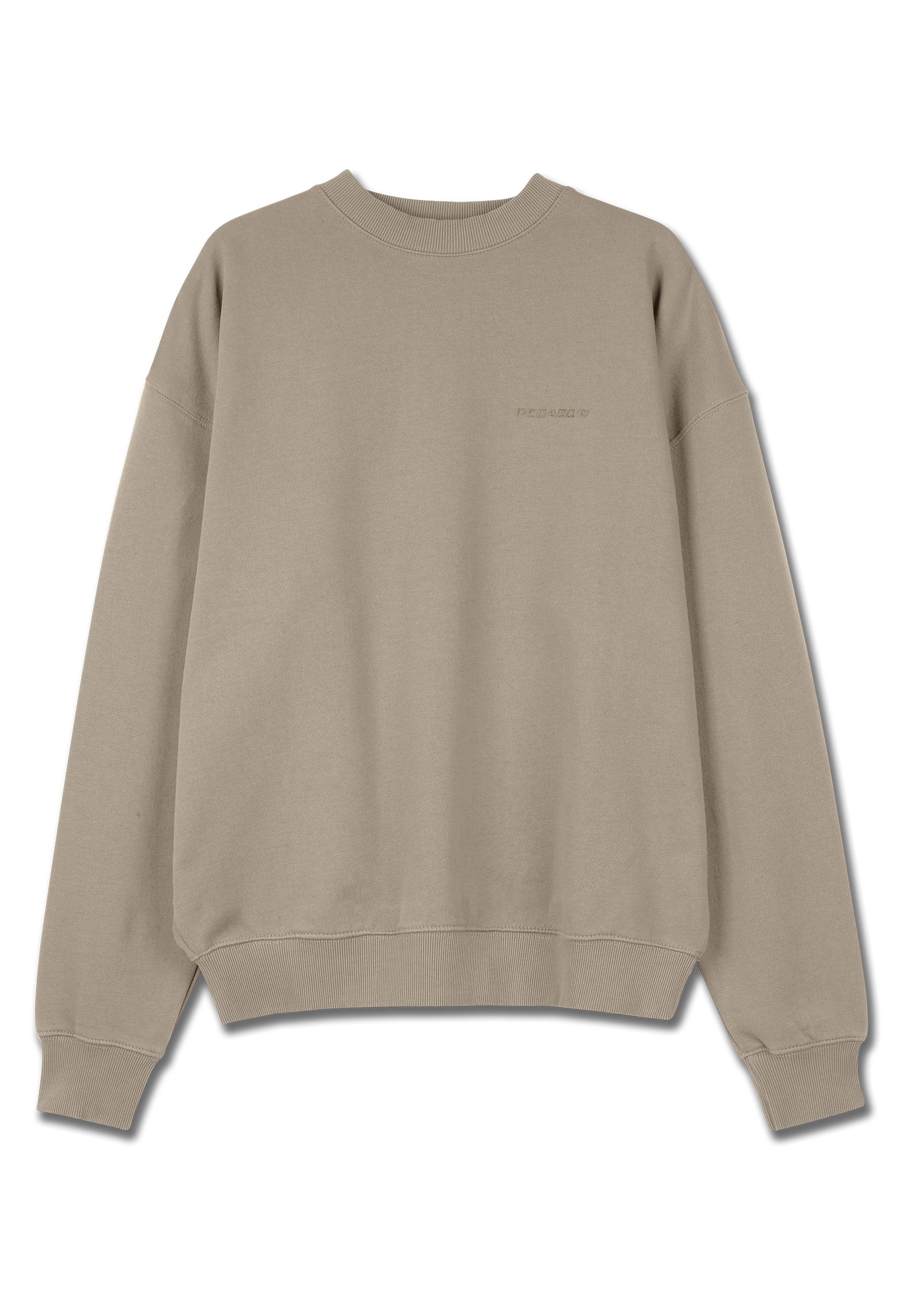 Beige Sweatshirt mit rundem Ausschnitt, gerippten Bündchen und Saum. Mit besticktem Text auf der Brust. Hergestellt aus weichem, strukturiertem Stoff.