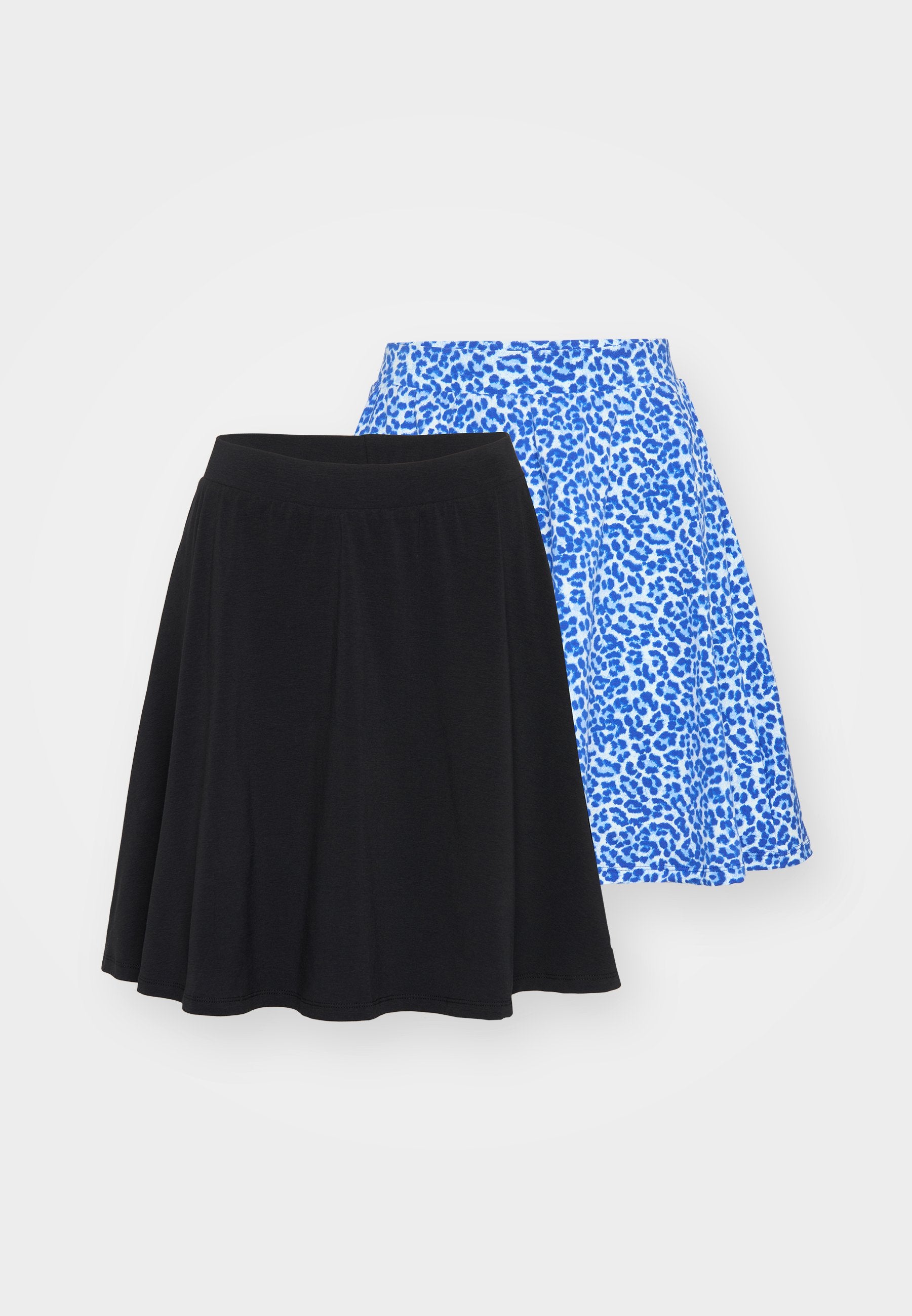 Schwarz-blaue Leopardenmuster-Röcke mit ausgestelltem Design, elastischem Bund und glattem Stoff. Der blaue Rock hat ein auffälliges Muster.