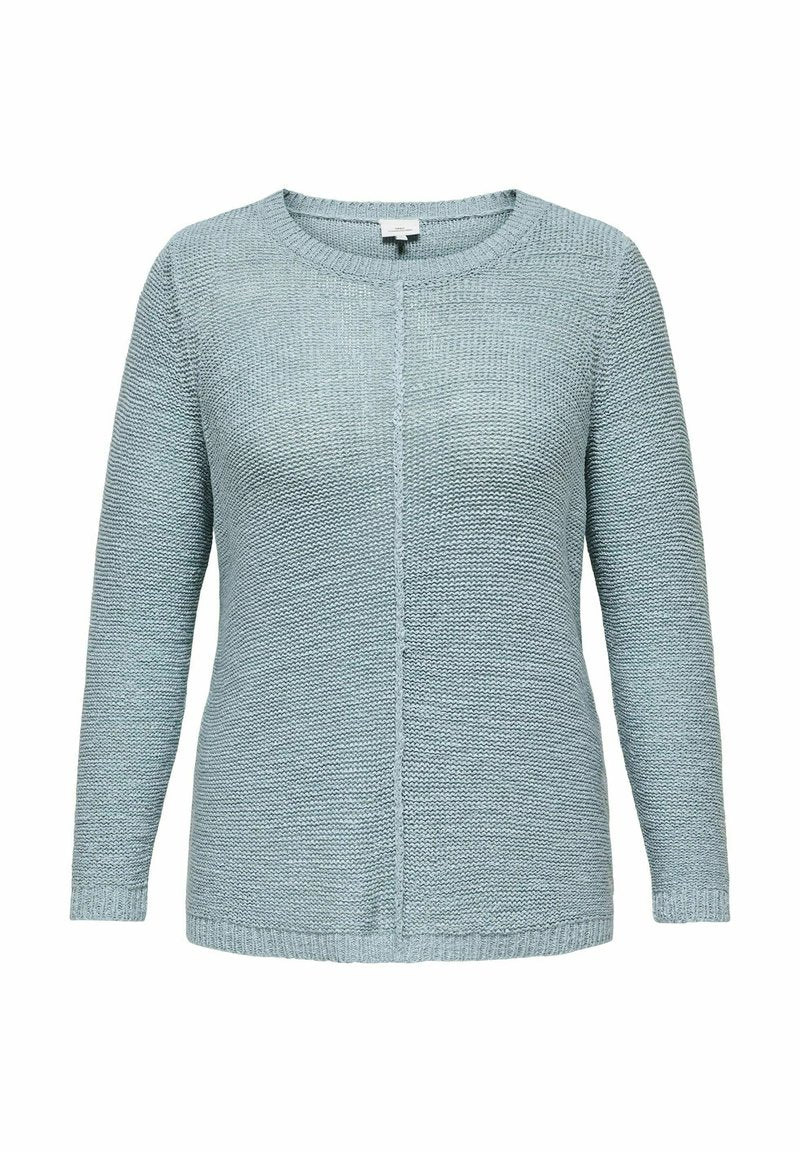 Helles blaues gestricktes Sweatshirt mit langen Ärmeln, rundem Halsausschnitt und strukturiertem Muster. Verfügt über eine zentrale Naht und gerippte Bündchen.