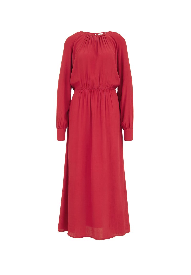 Rotes, langärmliges Maxikleid mit gerafftem Ausschnitt und elastischem Bund. Weicher, fließender Stoff mit lässiger Passform und geknöpften Ärmeln.