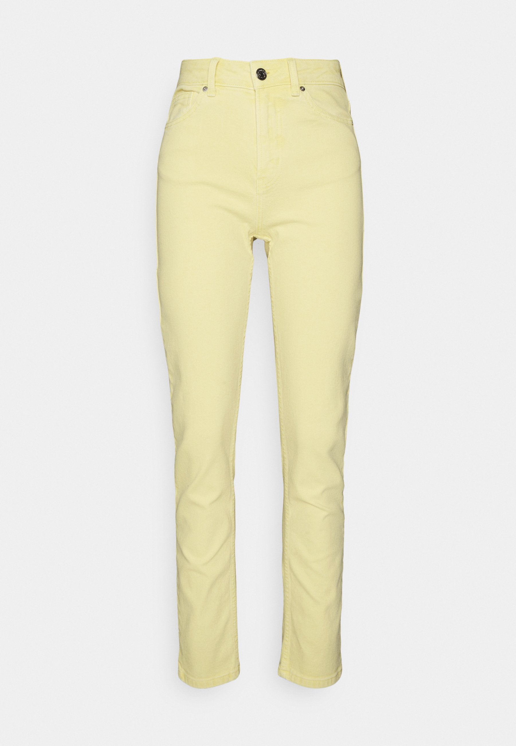 Gelbe Jeanshose mit schmalem Schnitt, hoher Taille, Knopfverschluss vorne und Fünf-Taschen-Design. Glatte Textur und gerader Beinverlauf.