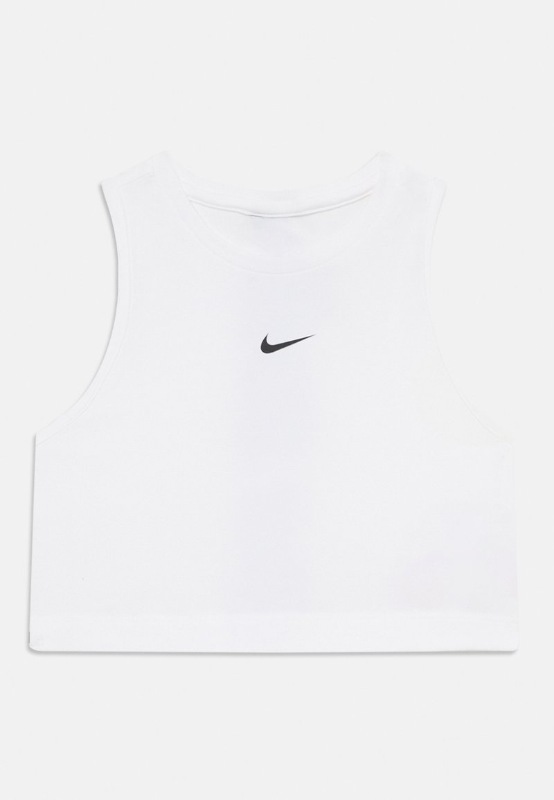 Weißes, kurzes Tanktop aus einem Stoff mit glatter Textur. Verfügt über einen runden Halsausschnitt und ein kleines schwarzes Nike-Logo auf der Vorderseite.