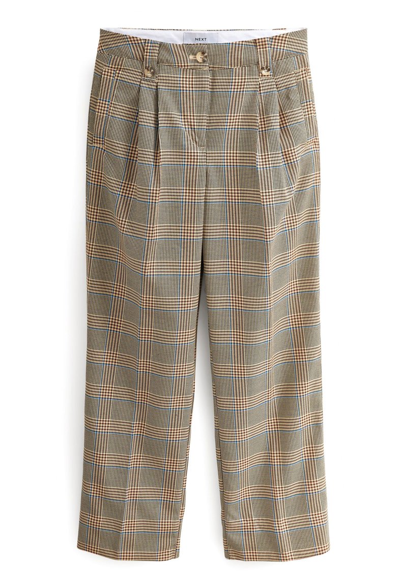 Karierte Hose in Beige-, Braun- und Blautönen, mit schmalem Schnitt, zwei Frontfalten und einem Bund mit Doppelknopfverschlüssen.