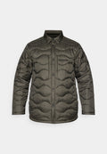 Steppjacke in Dunkelgrün mit gewelltem Design, einem Kragen und Druckknopfverschlüssen vorne.