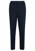 Marineblaue Hose aus glattem Stoff mit elastischem Bund und vorderem Knopfverschluss. Gerader Schnitt mit seitlichen Taschen.