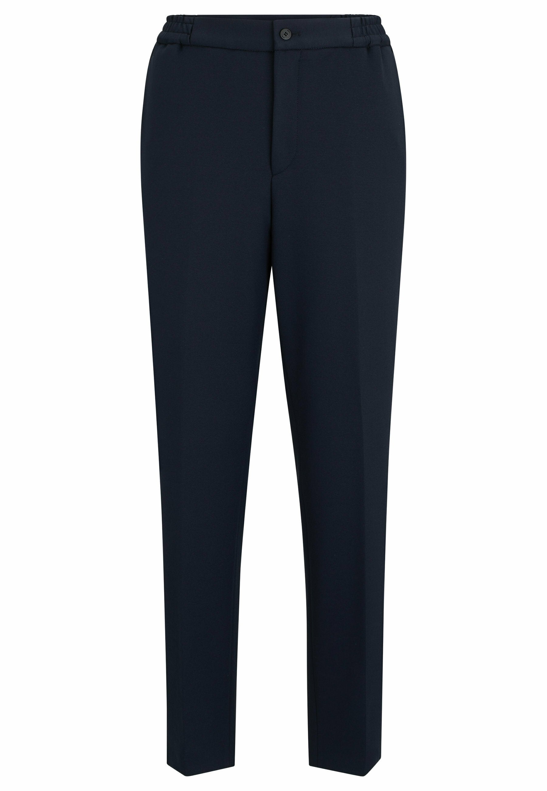 Marineblaue Hose aus glattem Stoff mit elastischem Bund und vorderem Knopfverschluss. Gerader Schnitt mit seitlichen Taschen.