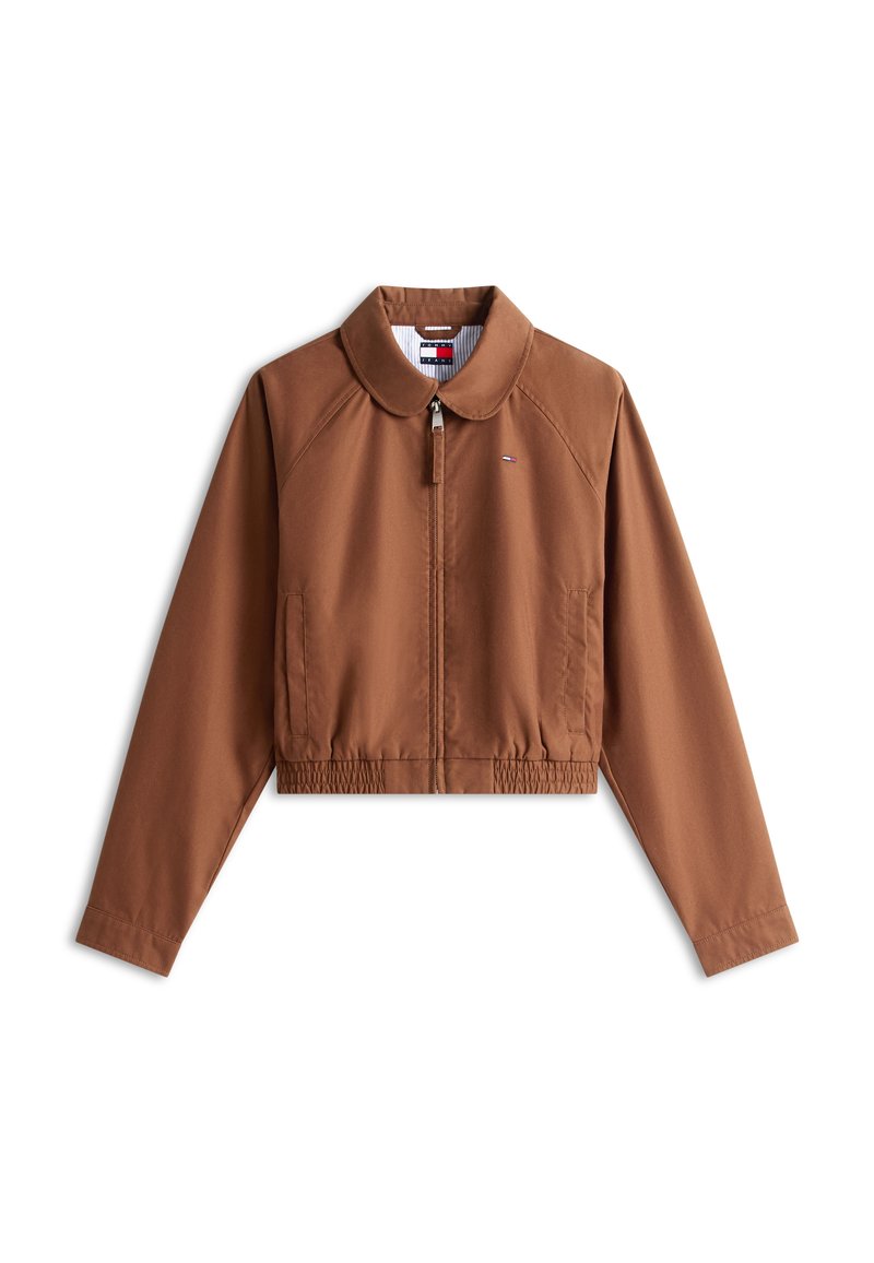Braune cropped Jacke mit langen Ärmeln, Frontreißverschluss, elastischem Bund, Kragen und kleinem Logo auf der linken Brust.