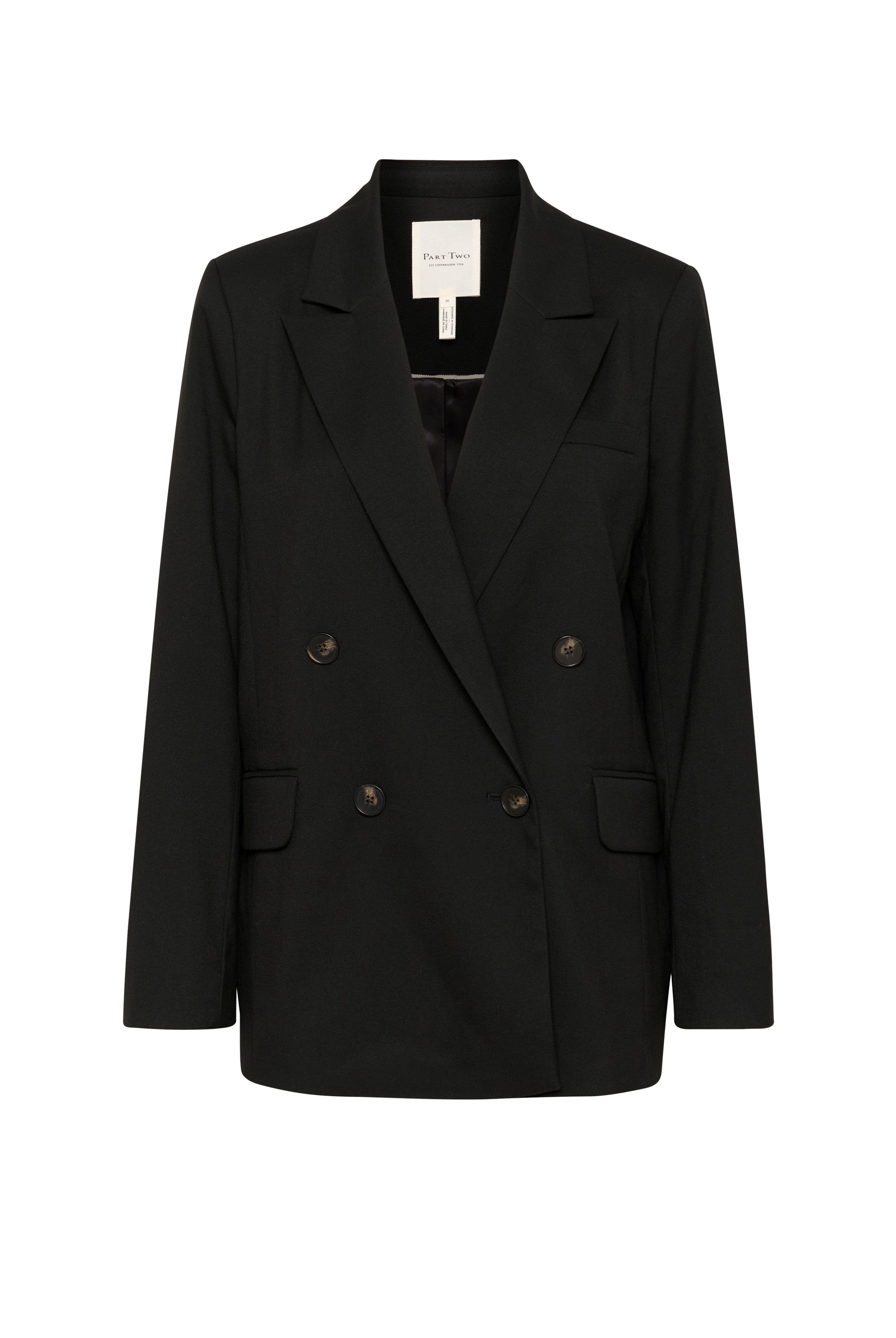 Schwarze doppelt geknöpfte Blazerjacke mit Reverskragen, zwei Fronttaschen und Knopfdetails. Aus glattem Stoff mit einer eleganten Silhouette gefertigt.