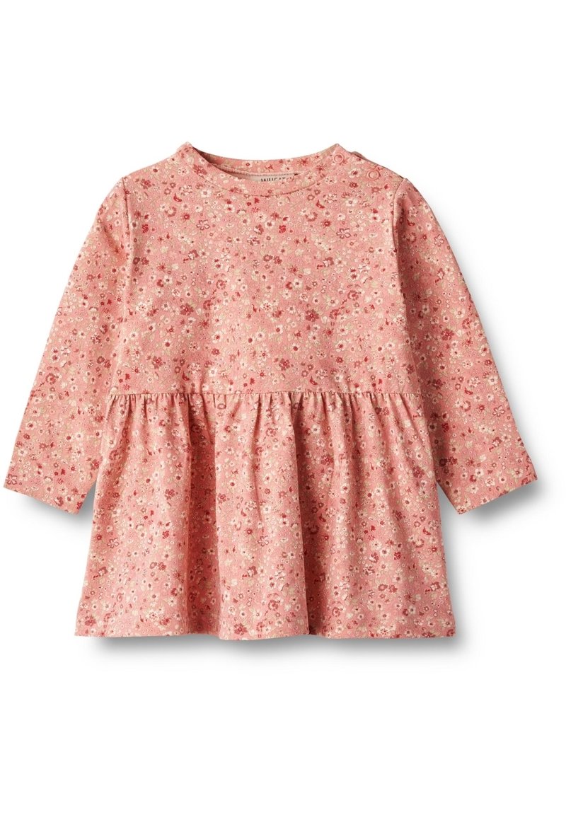 Langärmliges Kleid aus pinkem Stoff mit floralem Muster. Hat eine geraffte Taille und einen runden Halsausschnitt. Weiches, strukturiertes Material.